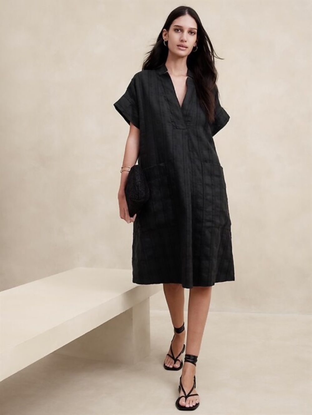 Banana Republic BR Laurel Linen-Cotton Utility Dress XL Shift Midi Pockets